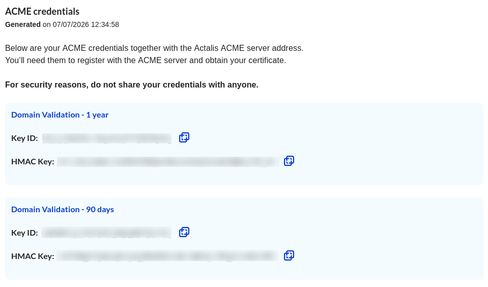 The Actalis console listing the credentials for ACME